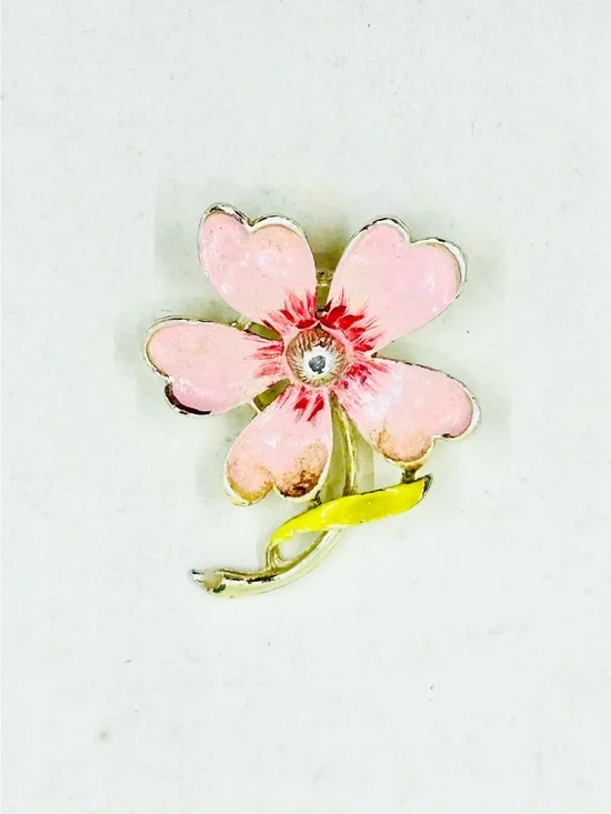 Gerry’s Vintage Silver Tone Pink Enamel Flower Brooch with Yellow Stem