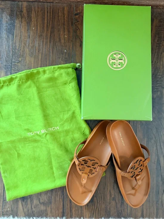 Tory Burch Cognac Leather Miller Thong Sandals with Logo Medallion