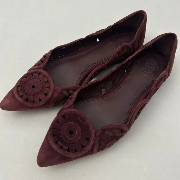 Tory Burch Leyla Flats Womens 6M Burgundy Suede Laser‎ Cut Pointed Toe Heel Flaw