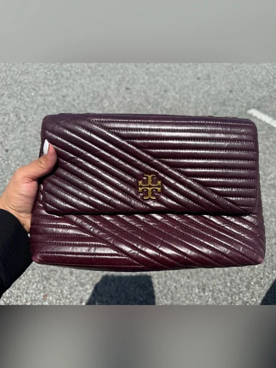 Tory Burch Quilted Chevron Convertible Clutch in Deep Burgundy with Gold Logo