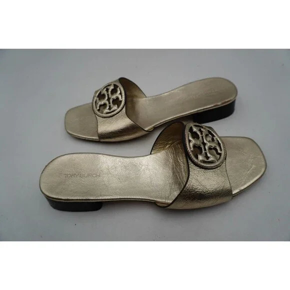 Tory Burch Miller Bombe Double T Logo Mule Sandals Gold Leather Women's Size 8.5