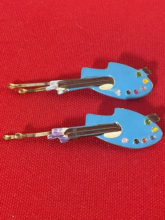 Vintage Artist Paint Palette Hair Barrettes Set of 2 Blue Enamel Paintbrush Desi