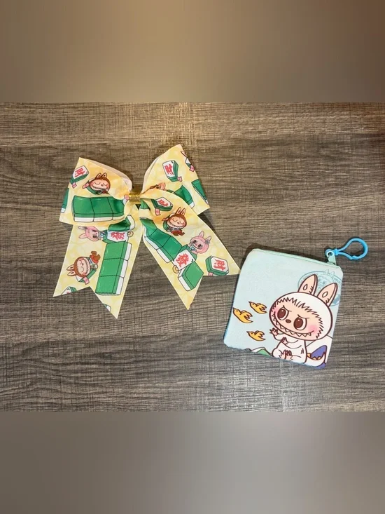 Yellow Character Hair Bow and Blue Bunny Coin Pouch Set for Kids