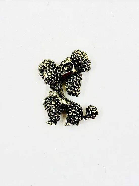 Antiqued Gold Tone Textured Poodle Brooch Pendant
