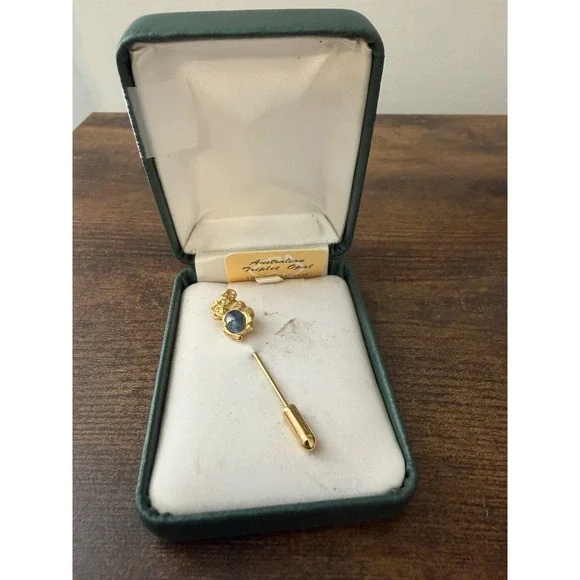 Vintage Australian Triplet Opal Stick Pin 18K Gold Plated Blue‎ Green With Box