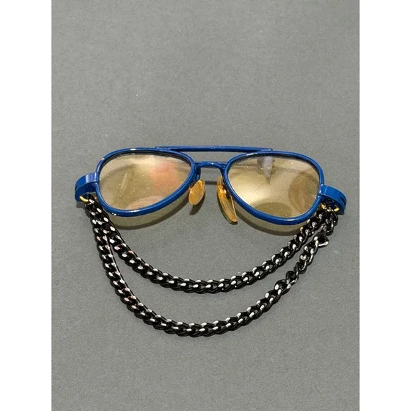 Vintage‎ Aviator Sunglasses Brooch  Blue Metal Retro Novelty Pin Dangle Chain