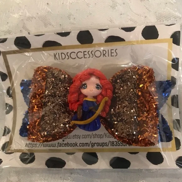 Red-Head Doll Hair Bow - Orange & Blue Glitter