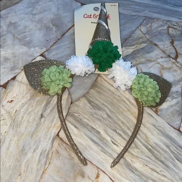 Cat & Jack Girls Gold Glitter Unicorn Headband Green White Floral 217 07 3191