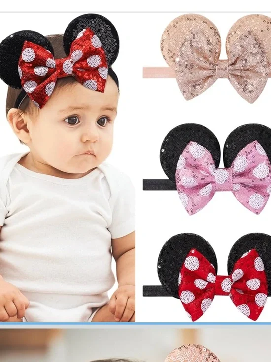 3 PCS Mouse Ears Sequin Bow Nylon Hairband Polka Dot Cute Baby Headbands nwt