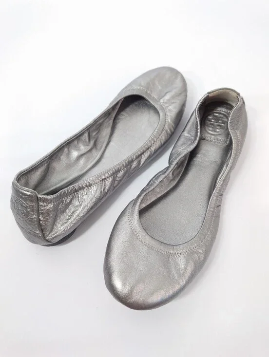 Tory Burch Silver Metallic Leather Ballet Flats Size 8.5M