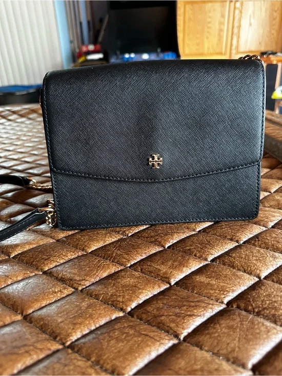 Tory Burch Black Saffiano Crossbody with Gold Logo