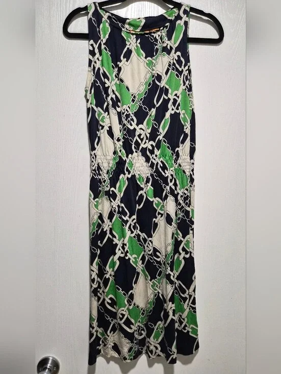 Tory Burch Chain Print 100% Silk Green Midi Dress Size Small