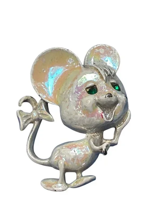 Vintage 60s Pearlescent White Mouse Pin Brooch Iridescent Rhinestone 1.5