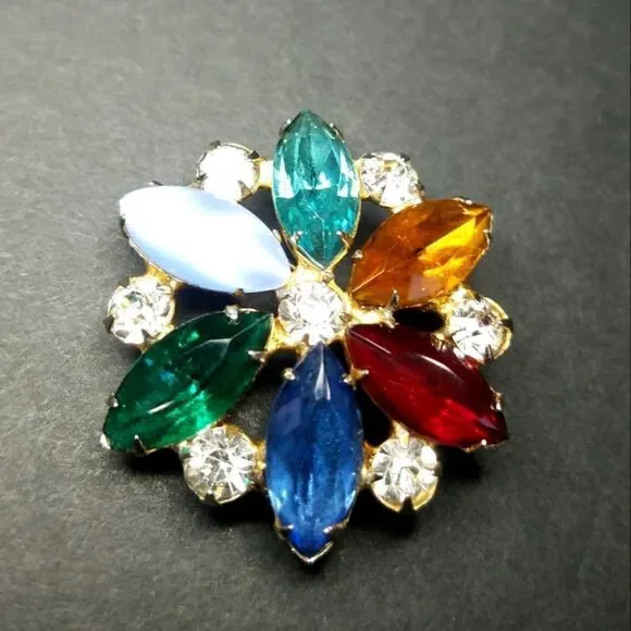 Vintage Julianna Style Cranberry Floral Rhinestone Cluster Multicolor Brooch
