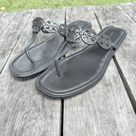 Tory Burch Tiny Mini Miller Sandals Thong Leather Flats Size 10 Black EUC
