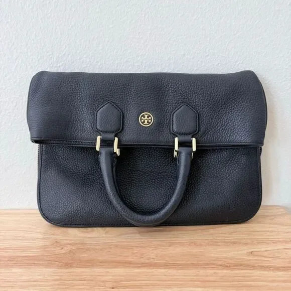 Tory Burch Fleming Two Way Pebbled Black Leather Shoulder Bag Purse Gold Hardwar