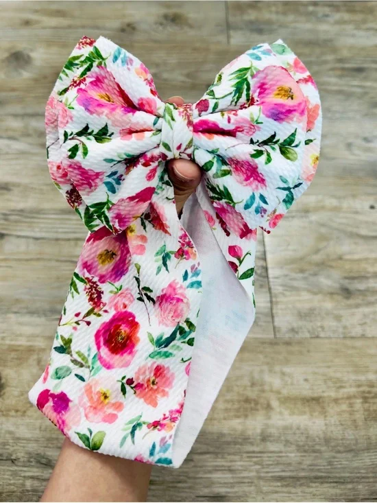 Big Bow Headband Baby Girl 3-6M Pink Green Floral Bullet Fabric