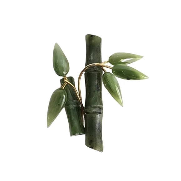 Vintage Faux Jade Bamboo Brooch Lucite Pin Asian Gold Tone 50s 60s‎ Retro Estate