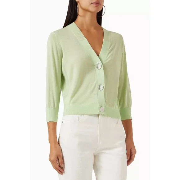 Tory Burch Cardigan Women M Lime Green Cotton Logo Button Cropped Sweater