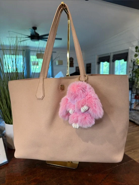 Tory Burch Pebbled Leather Tote with Pink Fur Charm