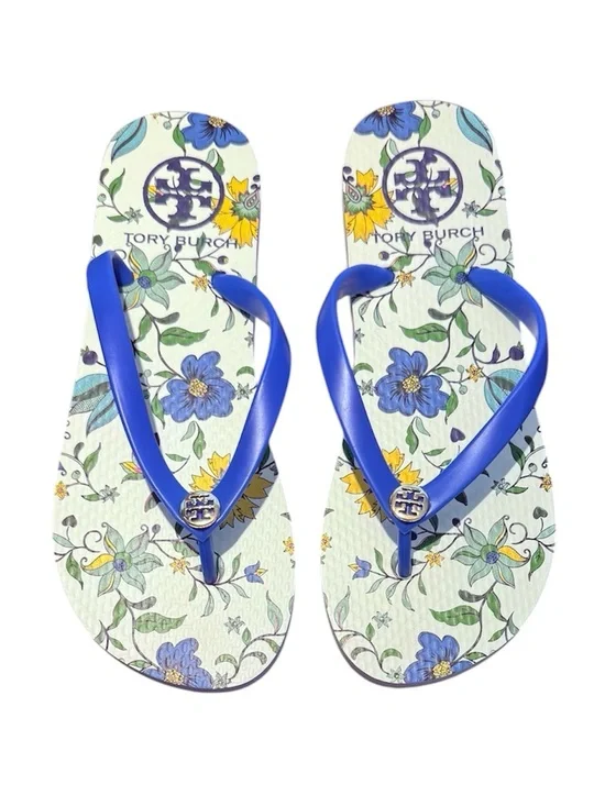 NWOT Tory Burch Wisteria Blue White Lark Gold Logo Flip Flops Size 5