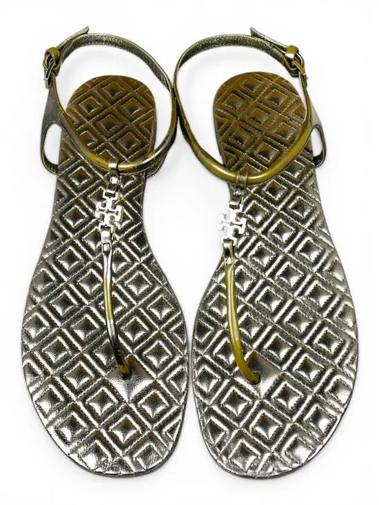 Tory Burch Marion Gold Metallic Quilted Leather Thong Sandals Logo Charm 9