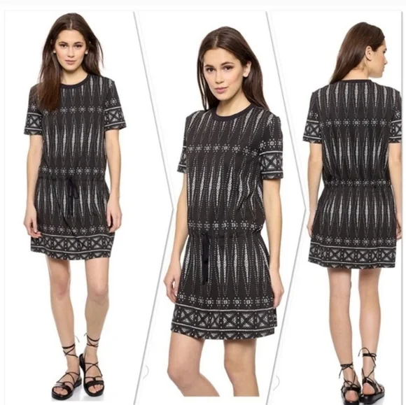 Tory Burch Bologan Knit Aztec Pima Cotton Drawstring Mini Shortsleeve Dress L