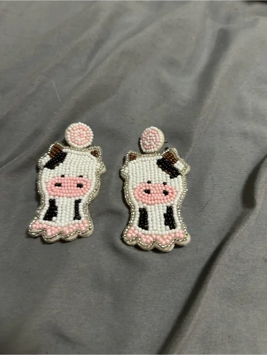 Beaded Cow Dangle Earrings in White and Pink $10 for all