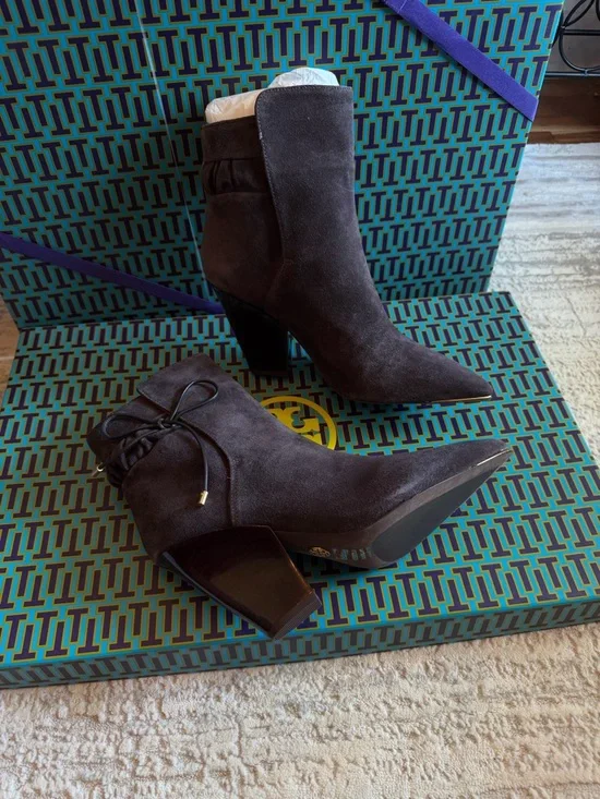 Tory Burch Dark Gray Suede Pointed Ankle Booties