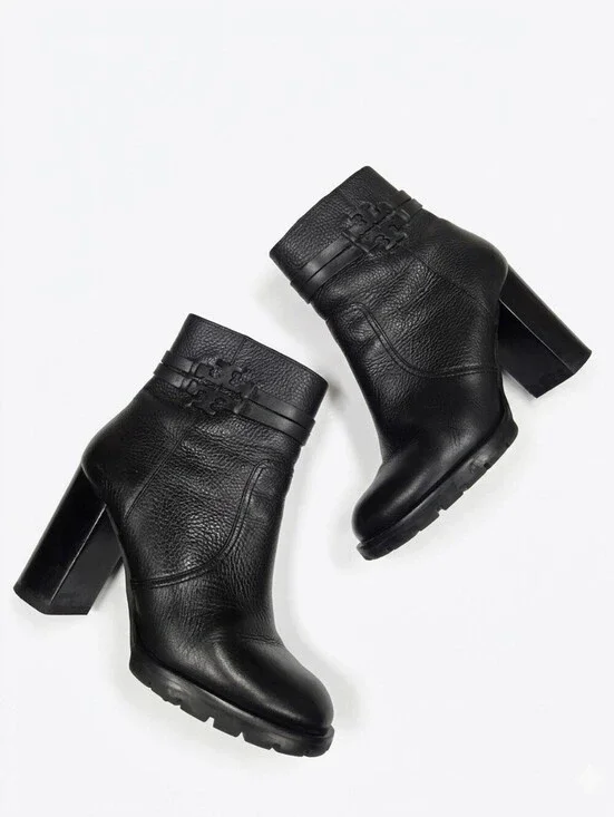 Tory Burch Women Leigh Black Leather Dress Logo Heel Zip Ankle Boots sz 8.5