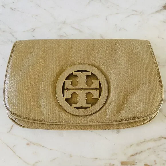 TORY BURCH Solid Tan Leather Clutch Bag Purse Large Logo