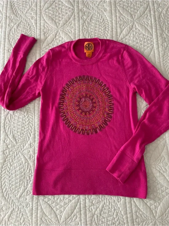 Tory Burch Vibrant Pink Jeweled Embellished 100% WOOL Crewneck Sweater FLAW XS