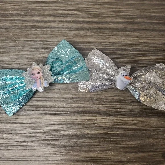 Disney Frozen Elsa And Olaf Glittered Sparkle 4 Inch Hair Bow Clips Silver Blue