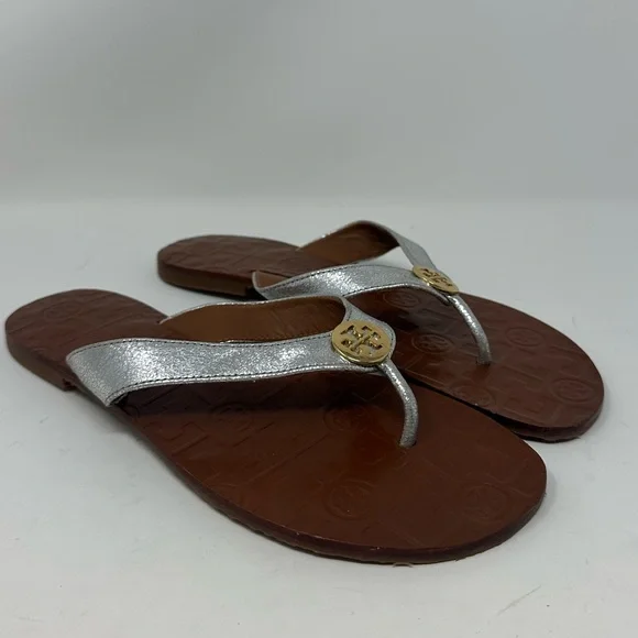 Tory Burch Silver Leather Flip Flop Sandals with Brown Footbed