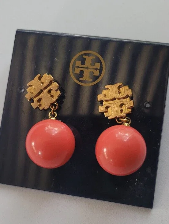 Tory Burch Evie Gold Logo Coral Ball Drop Earrings