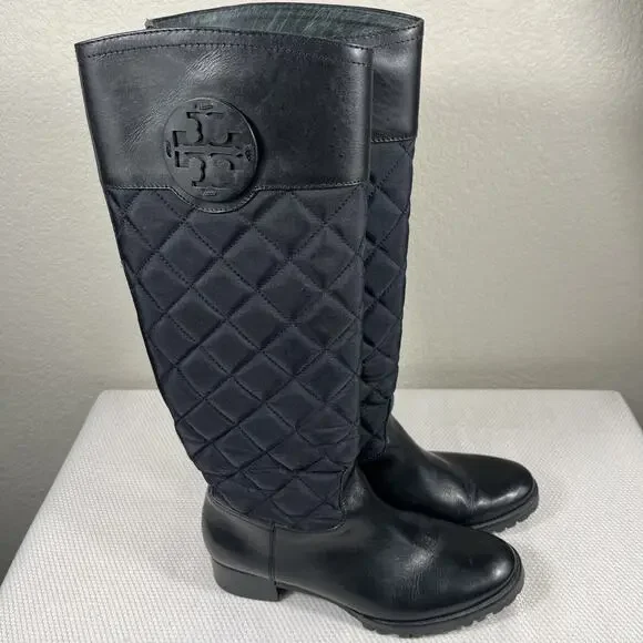 Tory Burch Rowan Black Quilted Riding Boot Leather Nylon Rubber Soles Size 6M‎