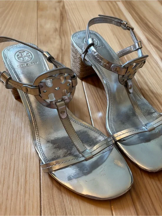 Tory Burch Miller Metallic Silver T-Strap Block Heel Sandals
