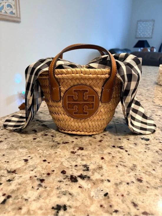 Tory Burch Tan Woven Mini Basket Bag with Black & White Gingham Scarf