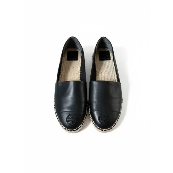Tory Burch Black Nappa‎ Leather Espadrille Flats 9.5