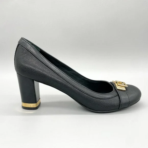 Tory Burch Womens 8.5M Pump Heels Shoes Black Leather Gold Buckle Office Classic