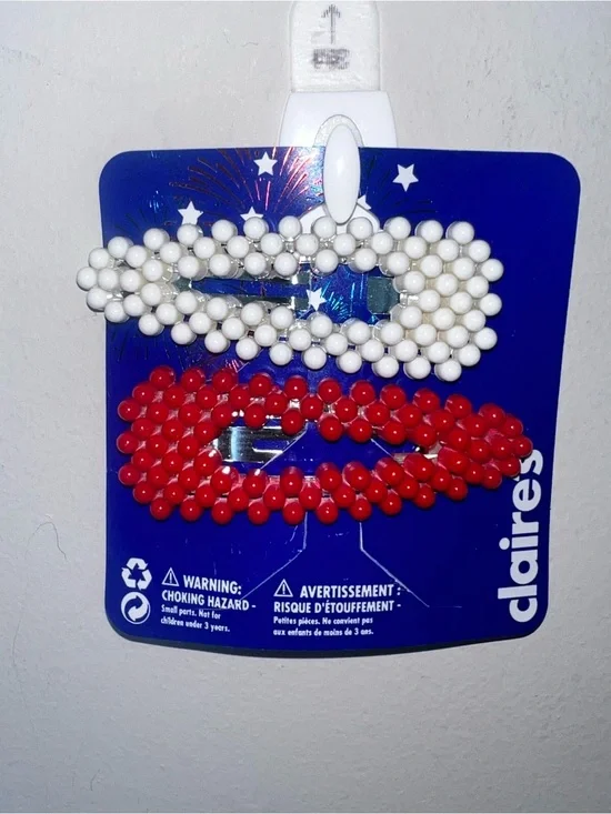Claire's Beaded Snap Hair Clips — White & Red Duo