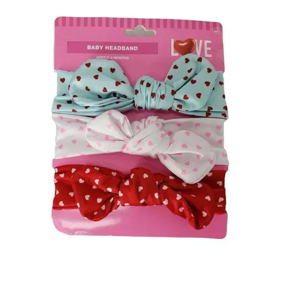 Infant Baby Soft Valentines Hearts Headband‎ Bow 3 Pack heart pink blue red