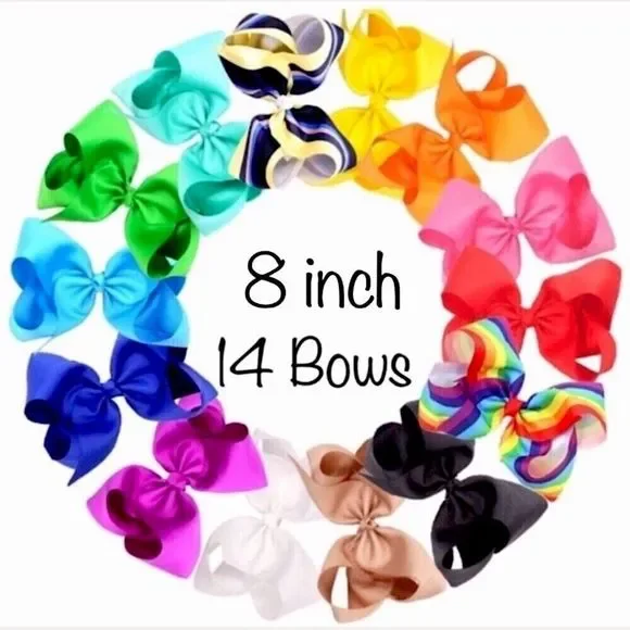 14 Rainbow Color Hair Bows - 8 inch Bows with Alligator Clips