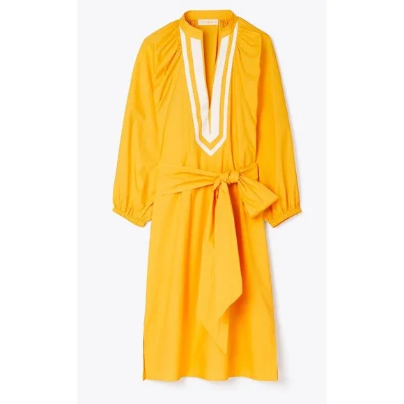 Tory Burch Puff Sleeve Tunic Dress Caftan V-Neck Cotton Casual Yellow XS‎ Belt