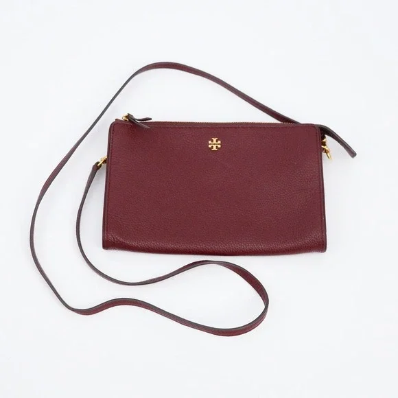 Tory Burch Crossbody‎ Bag Women Small Burgundy Pebbled Leather Gold Logo Zip Top