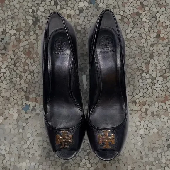 Tory Burch Jolie Peep Toe Black Leather Wedge Heel Preppy Career Formal Sz 9.5M