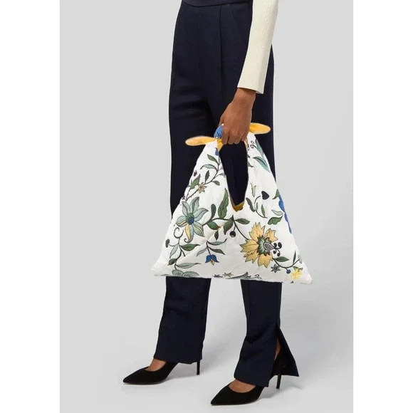 Tory Burch Zoe Tie Bag Floral Quilted Padded Hobo Shoulder Bag Yellow White