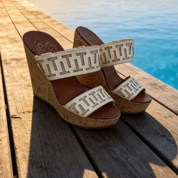 Tory Burch Tan and Cream Wedge Sandals size 8M