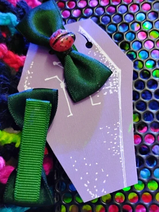 Kids Green Ribbon Bow Hair Clip with Ladybug Accent
