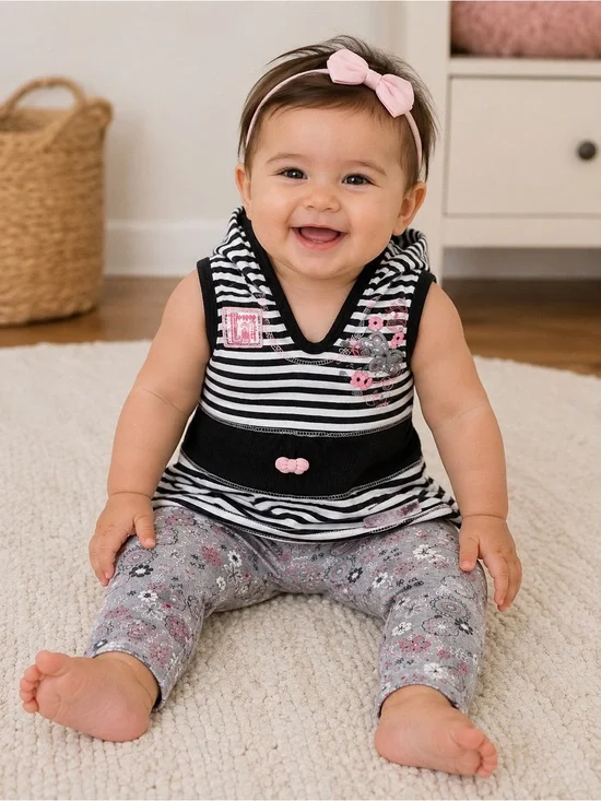 Baby Girl 2-Piece Hooded Tunic & Floral Leggings Set – 9 Months